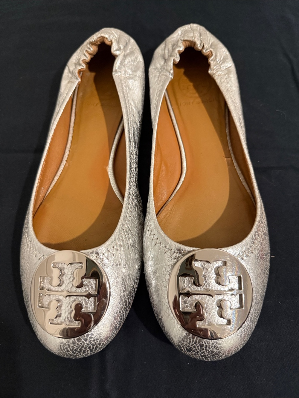 Tory Burch Metallic Silver Reva Logo Ballet Flats
